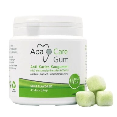 ApaCare Gum kramtomoji guma su ksilitoliu ir dantų emalio mineralais, mėtų skonio, 45 vnt. (86 g) ApaCare Gum kramtomoji guma su ksilitoliu ir dantų emalio mineralais, mėtų skonio, 45 vnt. (86 g)