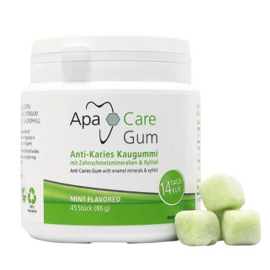 ApaCare Gum kramtomoji guma su ksilitoliu ir dantų emalio mineralais, mėtų skonio, 45 vnt. (86 g)