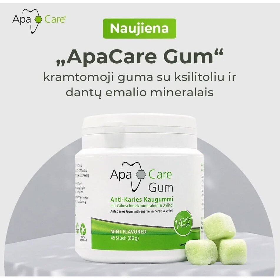 ApaCare Gum kramtomoji guma su ksilitoliu ir dantų emalio mineralais, mėtų skonio, 45 vnt. (86 g) 2 ApaCare Gum kramtomoji guma su ksilitoliu ir dantų emalio mineralais, mėtų skonio, 45 vnt. (86 g) 2